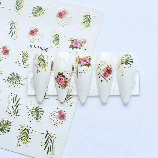 Roses And Leaves Metallic Gold Design Nail Stickers Sheet (JO-1606)