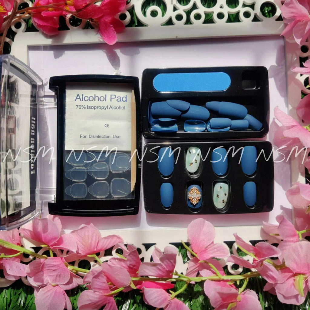 Royal Blue Press On Nails With Shell Nail Art and Charms (Set Of 26 Pcs)