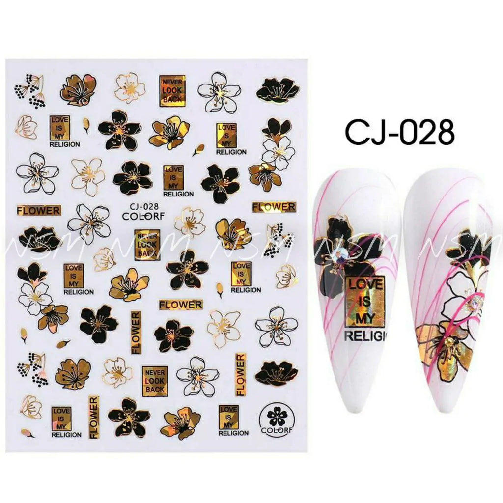 Sakura Flowers And Slogans Black And Gold Laser Holographic Sticker Sheets (CJ-028)