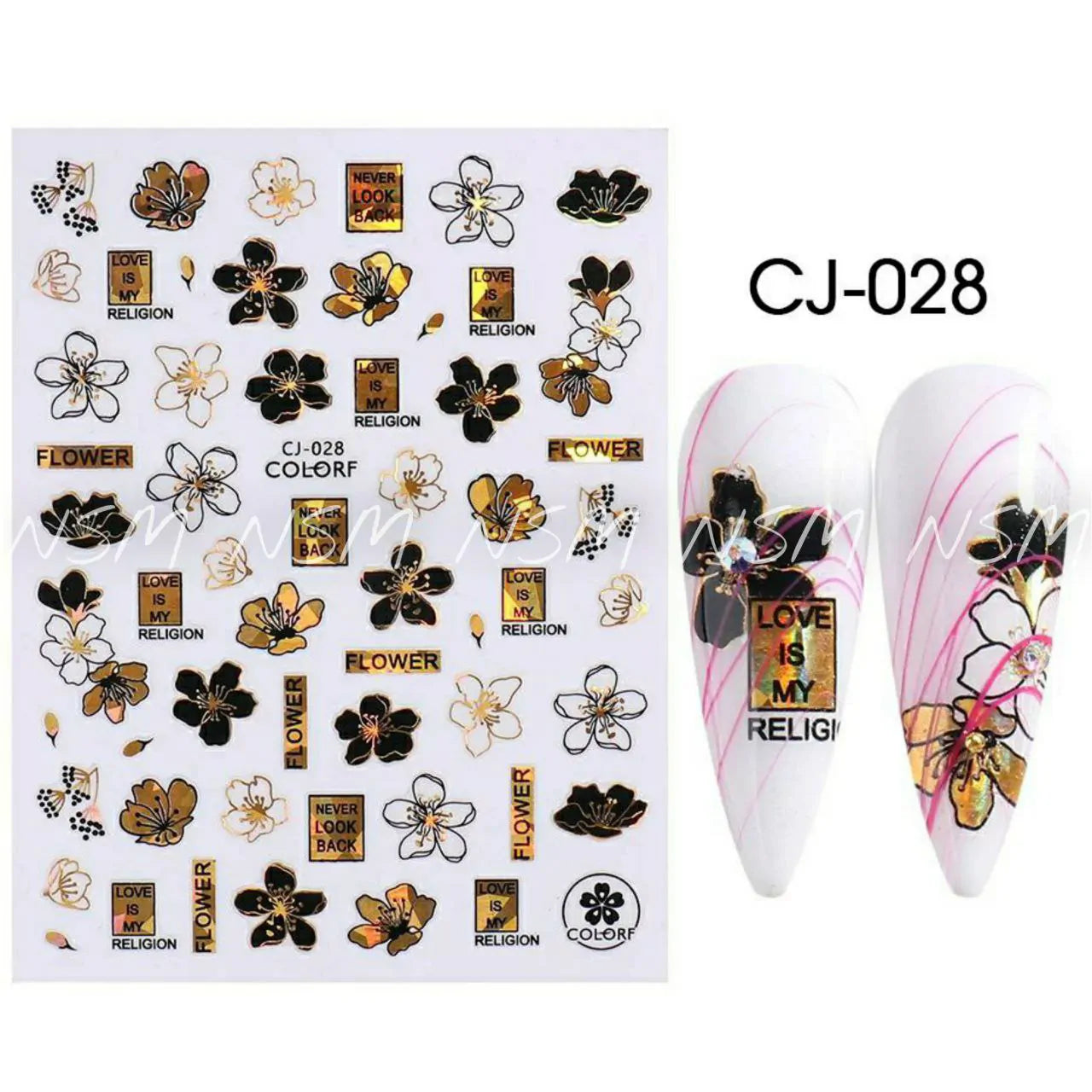 Sakura Flowers And Slogans Black And Gold Laser Holographic Sticker Sheets (CJ-028)