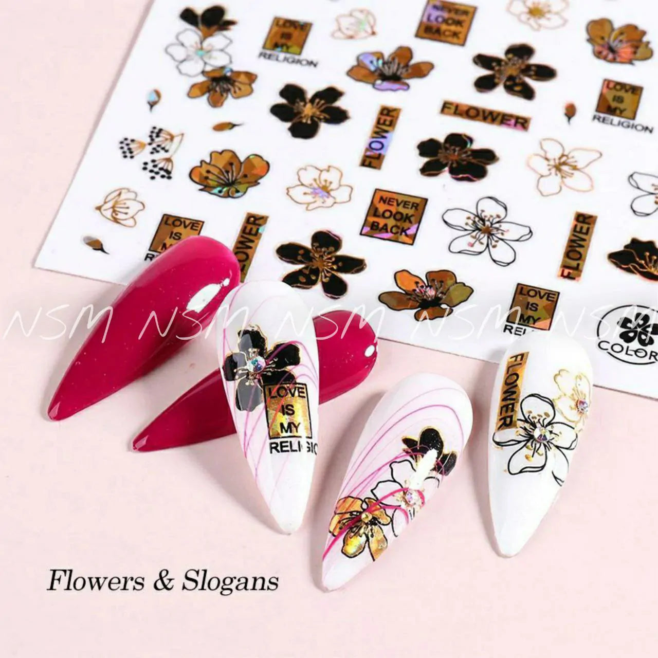 Sakura Flowers And Slogans Black And Gold Laser Holographic Sticker Sheets (CJ-028)