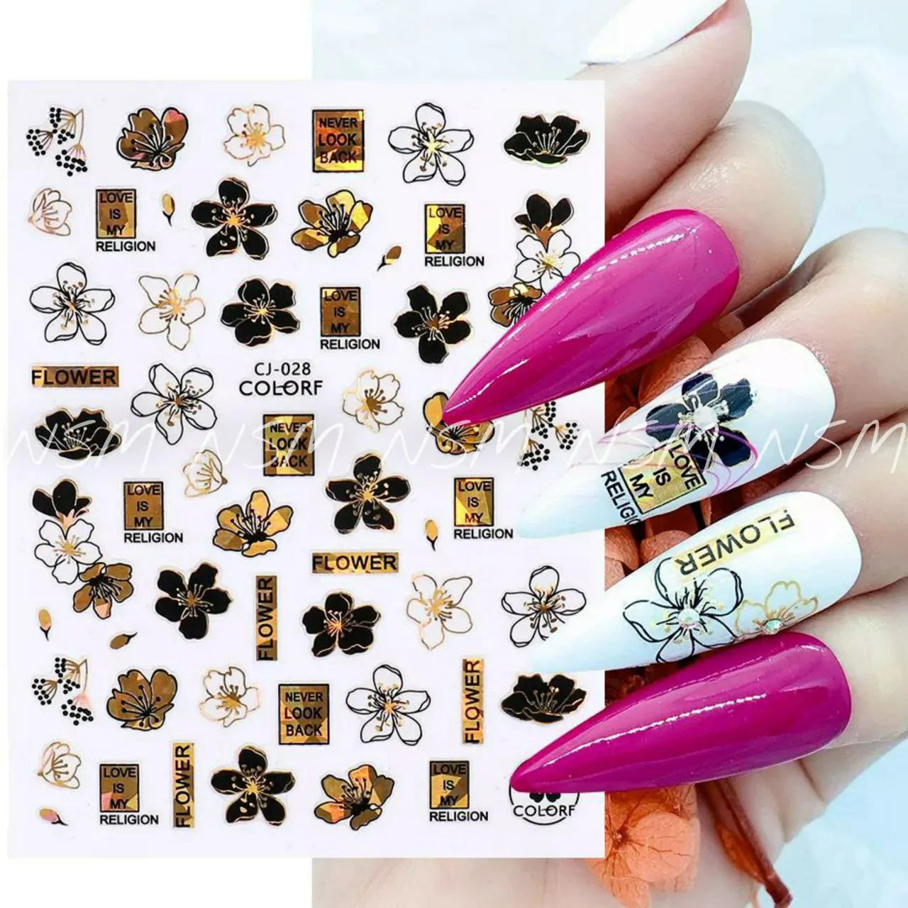 Sakura Flowers And Slogans Black And Gold Laser Holographic Sticker Sheets (CJ-028)