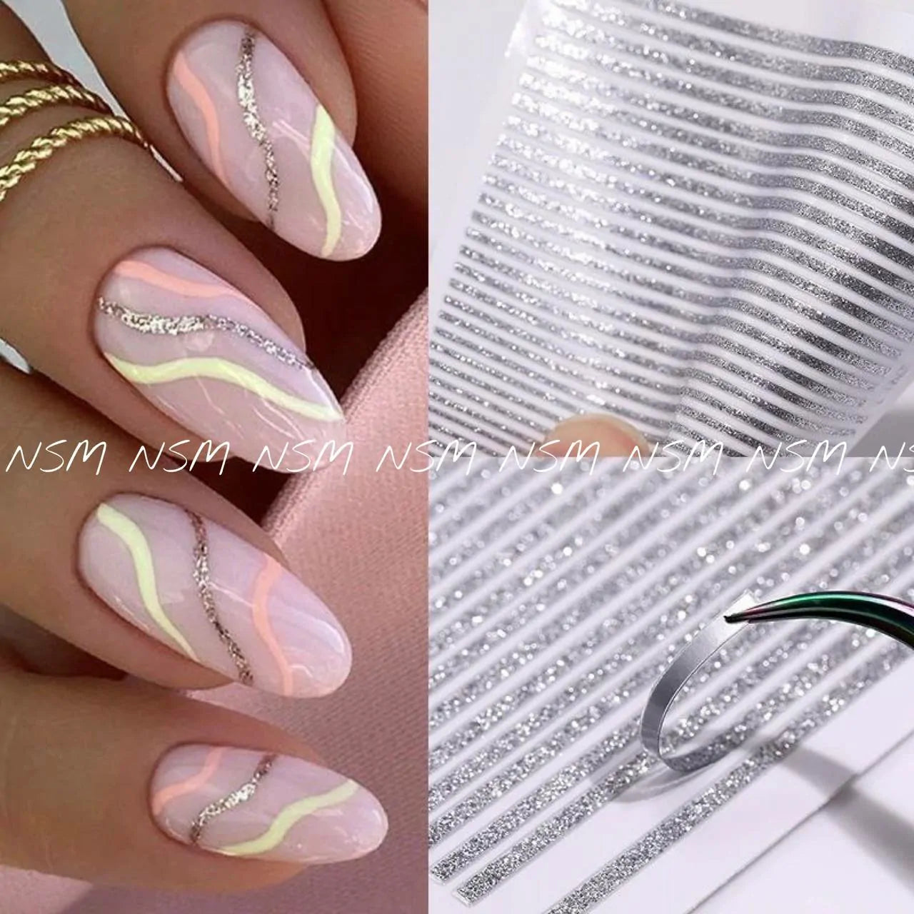 Silver Glitter Stripes Nail Sticker Sheets