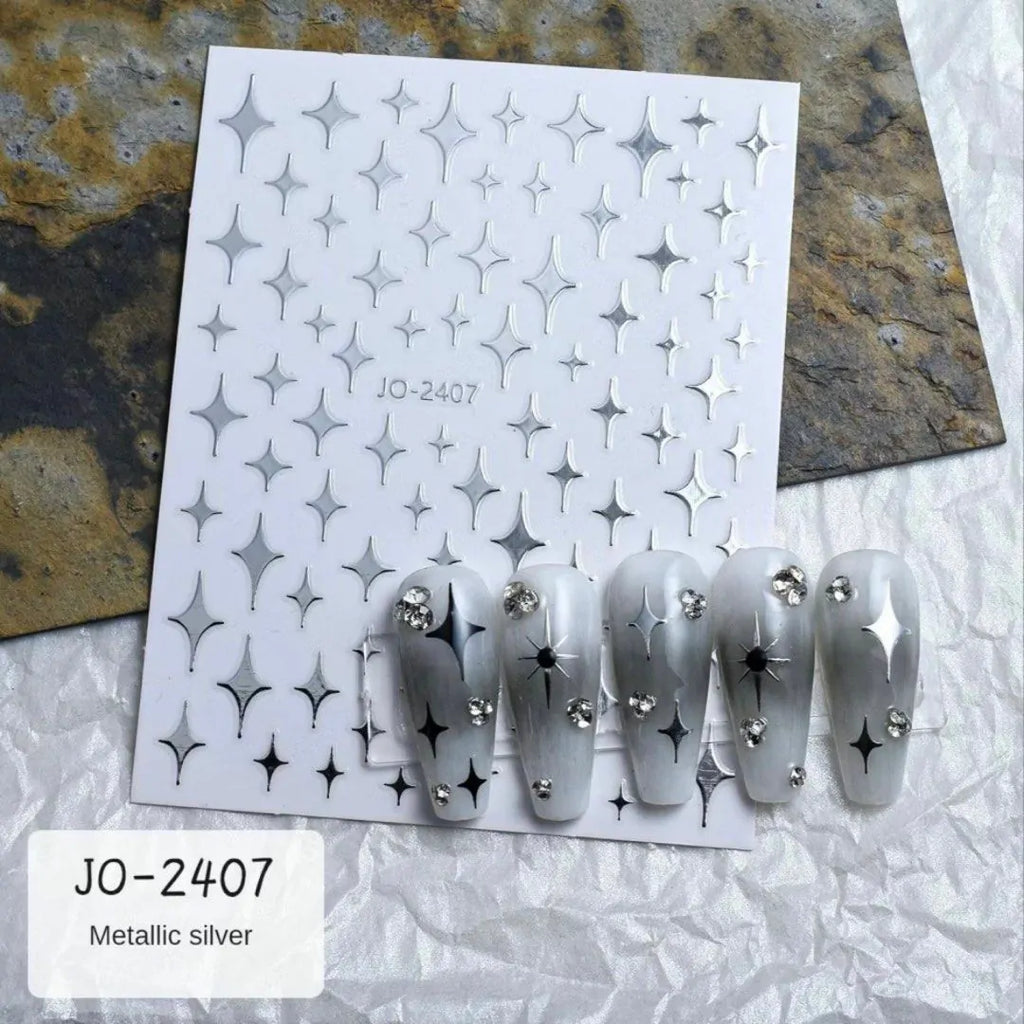 Silver Metallic Stars Nail Art Sticker Sheet (JO-2407)