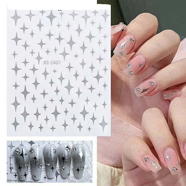 Silver Metallic Stars Nail Art Sticker Sheet (JO-2407)