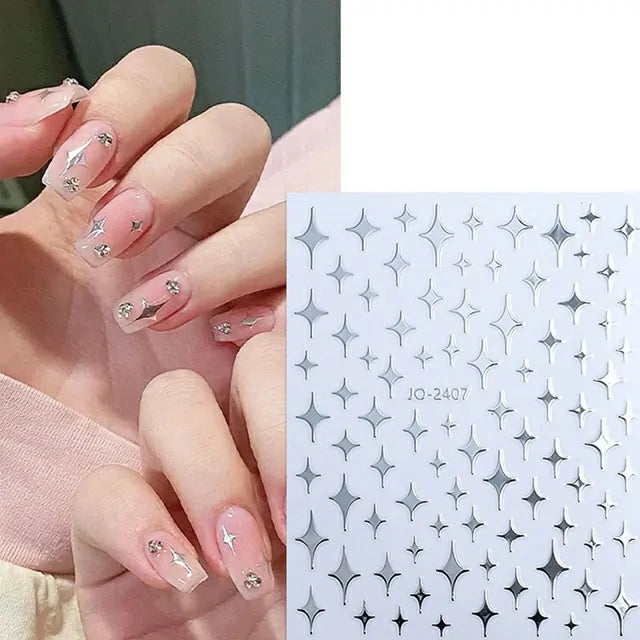 Silver Metallic Stars Nail Art Sticker Sheet (JO-2407)