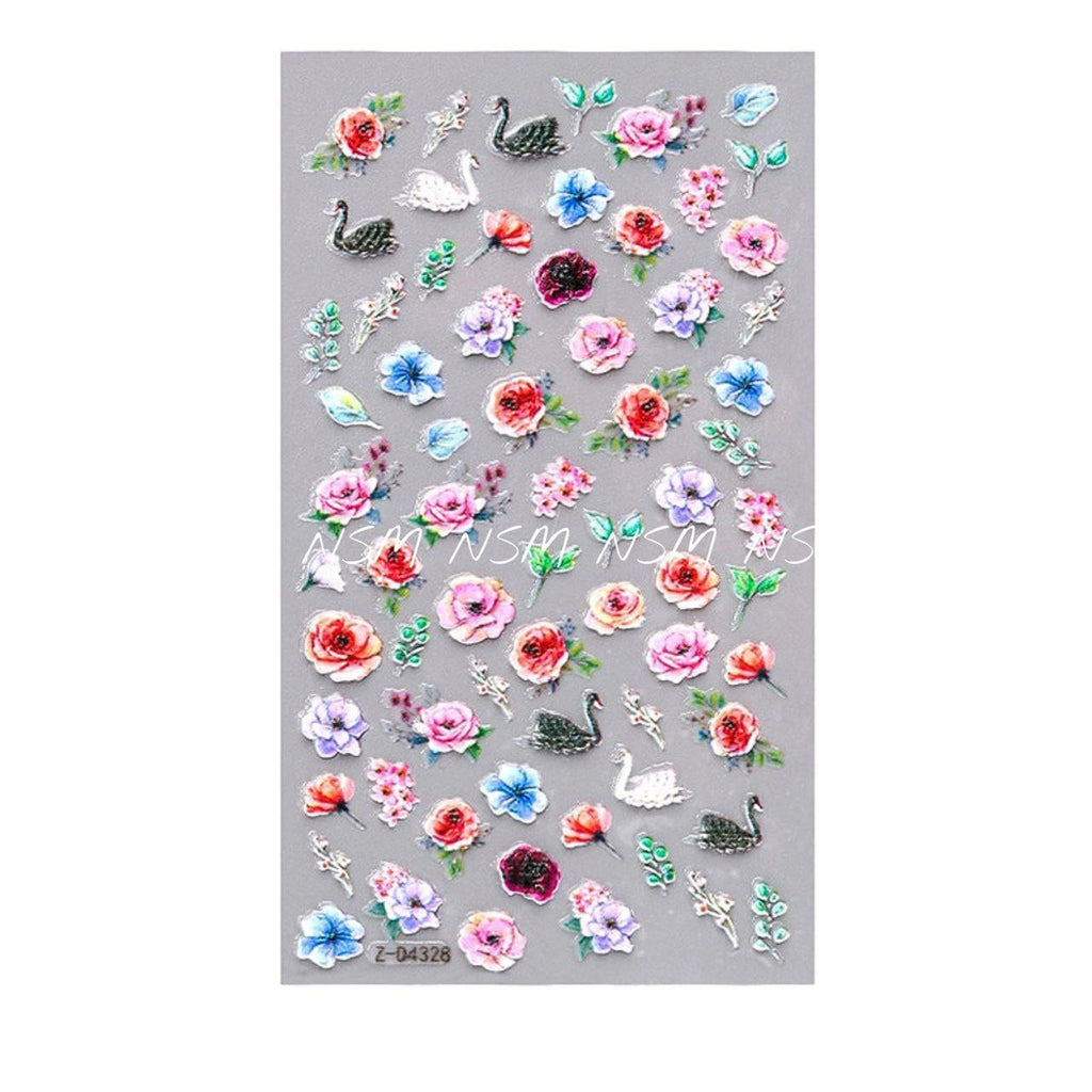 Swan Leaves And Flowers Embossed 5D Nail Art Sticker Sheets (Z-D4328)