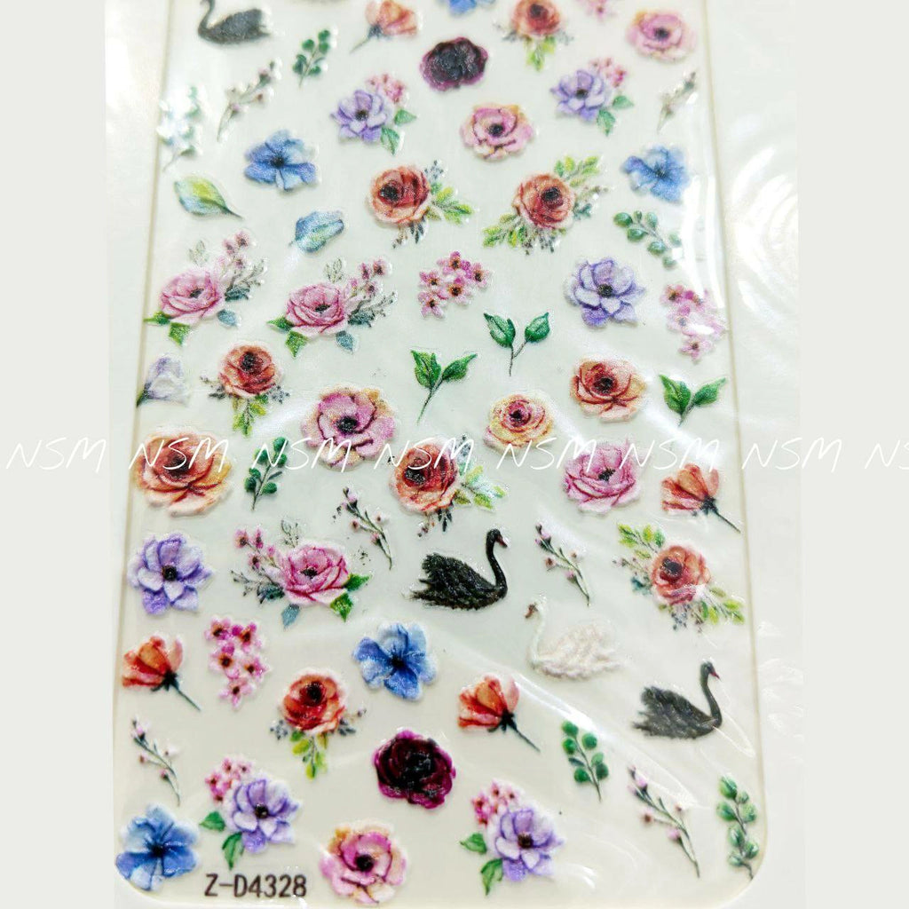 Swan Leaves And Flowers Embossed 5D Nail Art Sticker Sheets (Z-D4328)