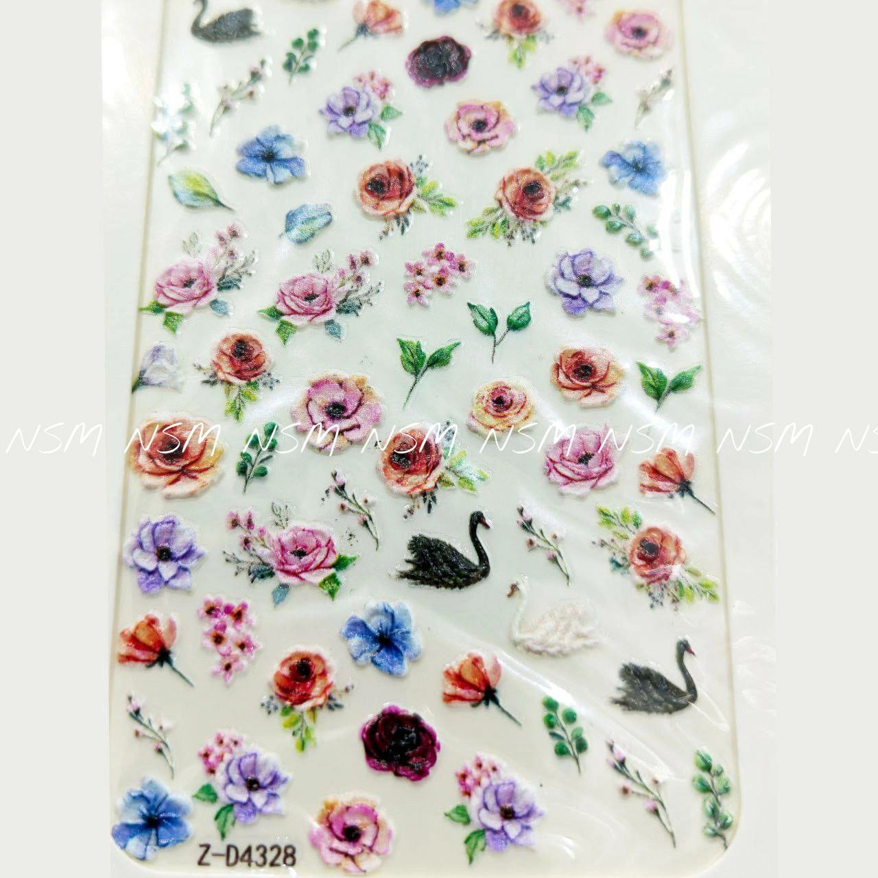 Swan Leaves And Flowers Embossed 5D Nail Art Sticker Sheets (Z-D4328)