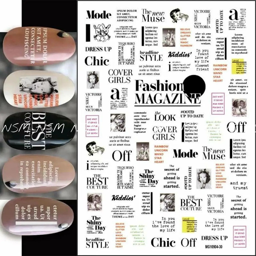 Text and Magazine Print Nail Art Sticker Sheets (FAM-001)