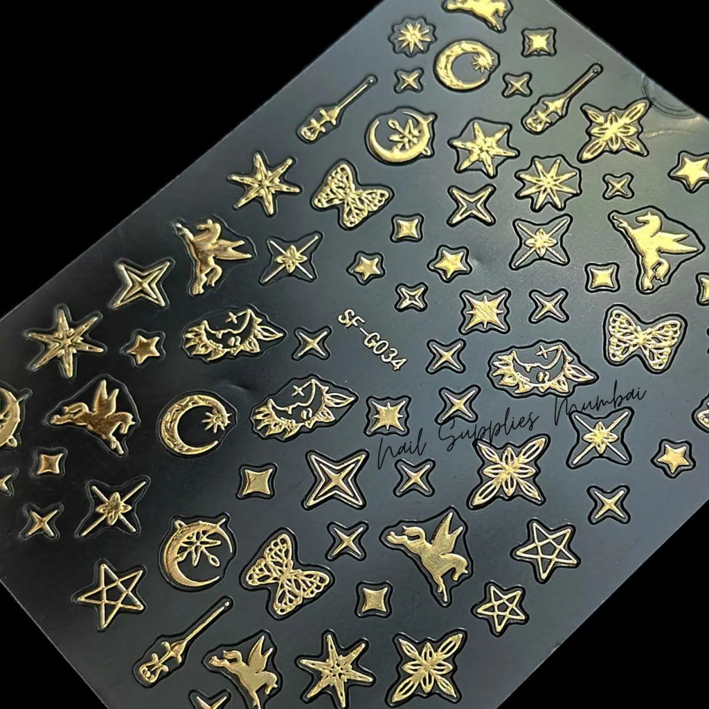 Unicorn, Moon and Star Metallic Gold 3D Nail Art Sticker Sheet (SF-G034)