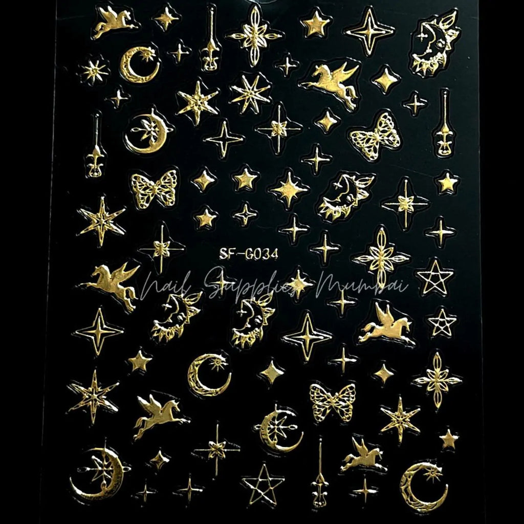 Unicorn, Moon and Star Metallic Gold 3D Nail Art Sticker Sheet (SF-G034)