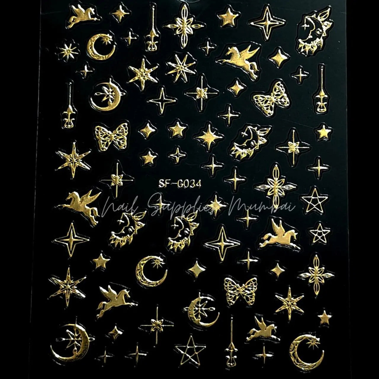 Unicorn, Moon and Star Metallic Gold 3D Nail Art Sticker Sheet (SF-G034)