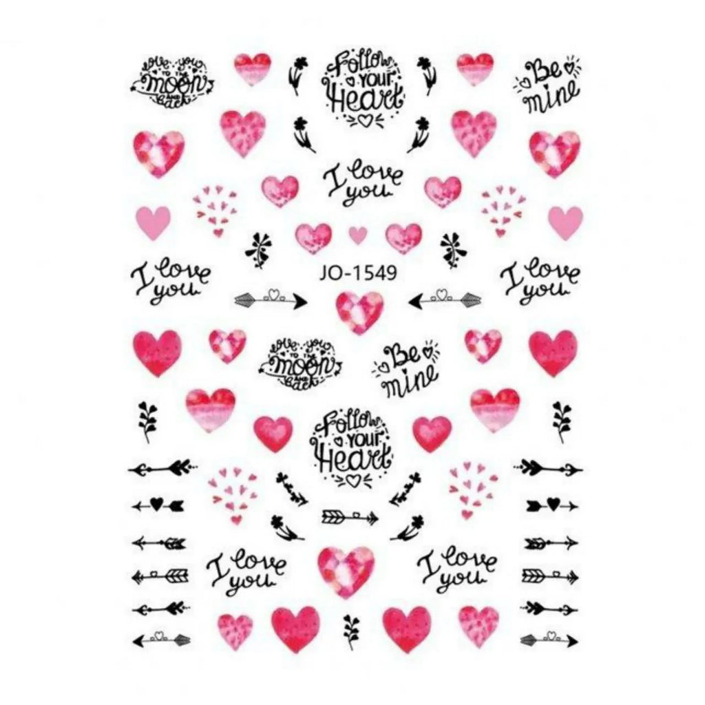 Valentines Special Hearts And Text Nail Art Sticker Sheet (JO-1549)