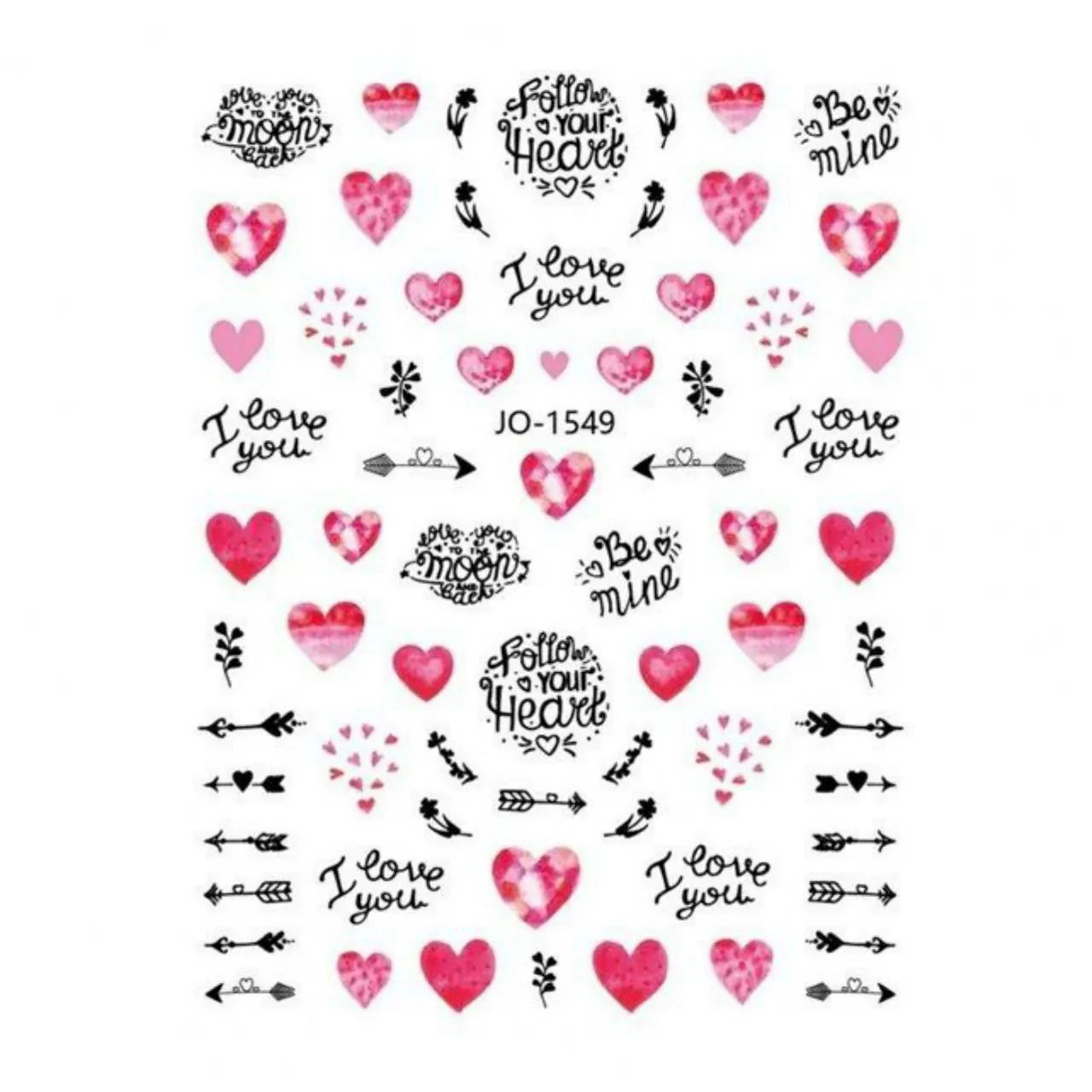 Valentines Special Hearts And Text Nail Art Sticker Sheet (JO-1549)