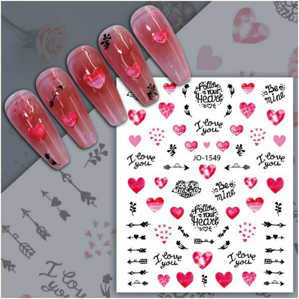Valentines Special Hearts And Text Nail Art Sticker Sheet (JO-1549)
