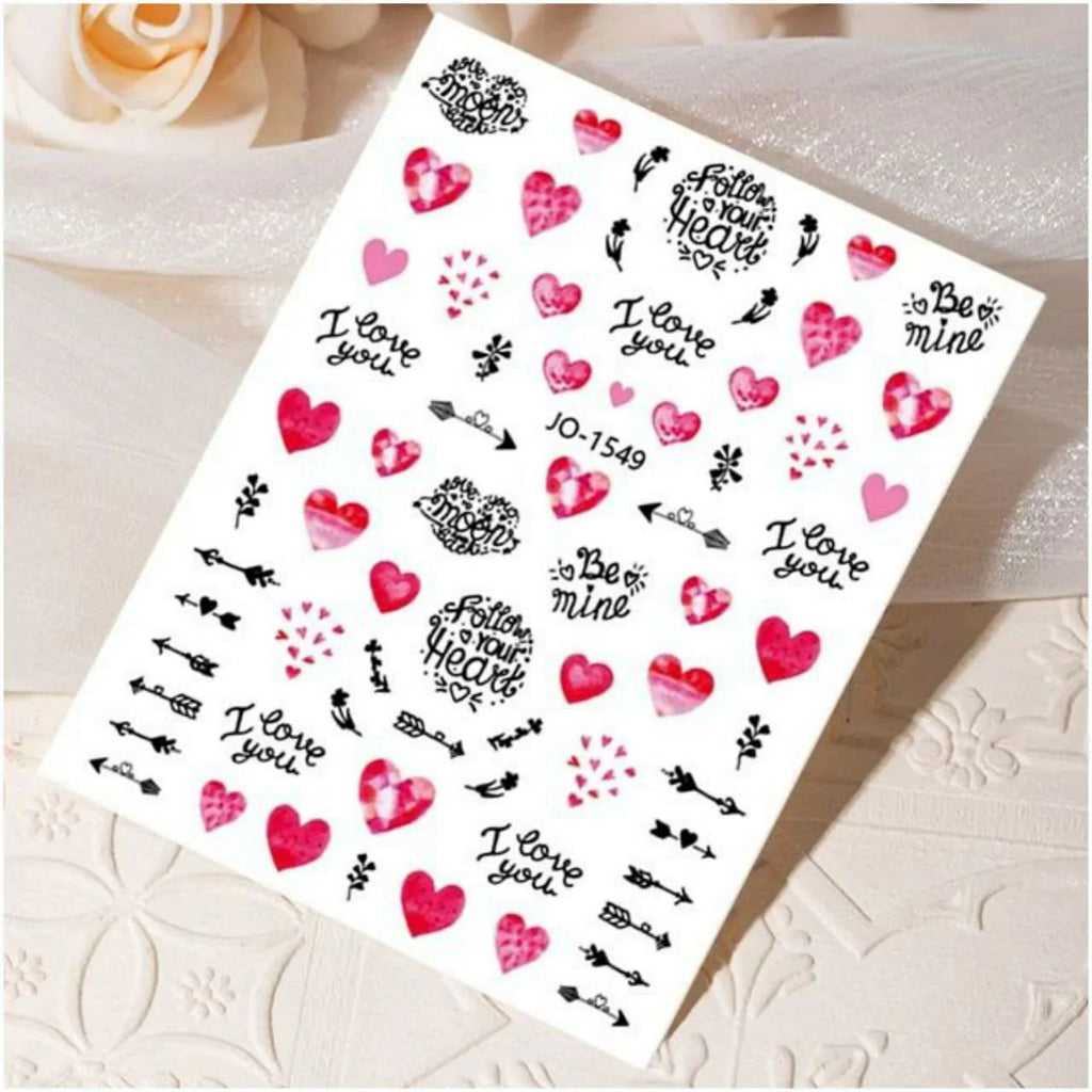 Valentines Special Hearts And Text Nail Art Sticker Sheet (JO-1549)