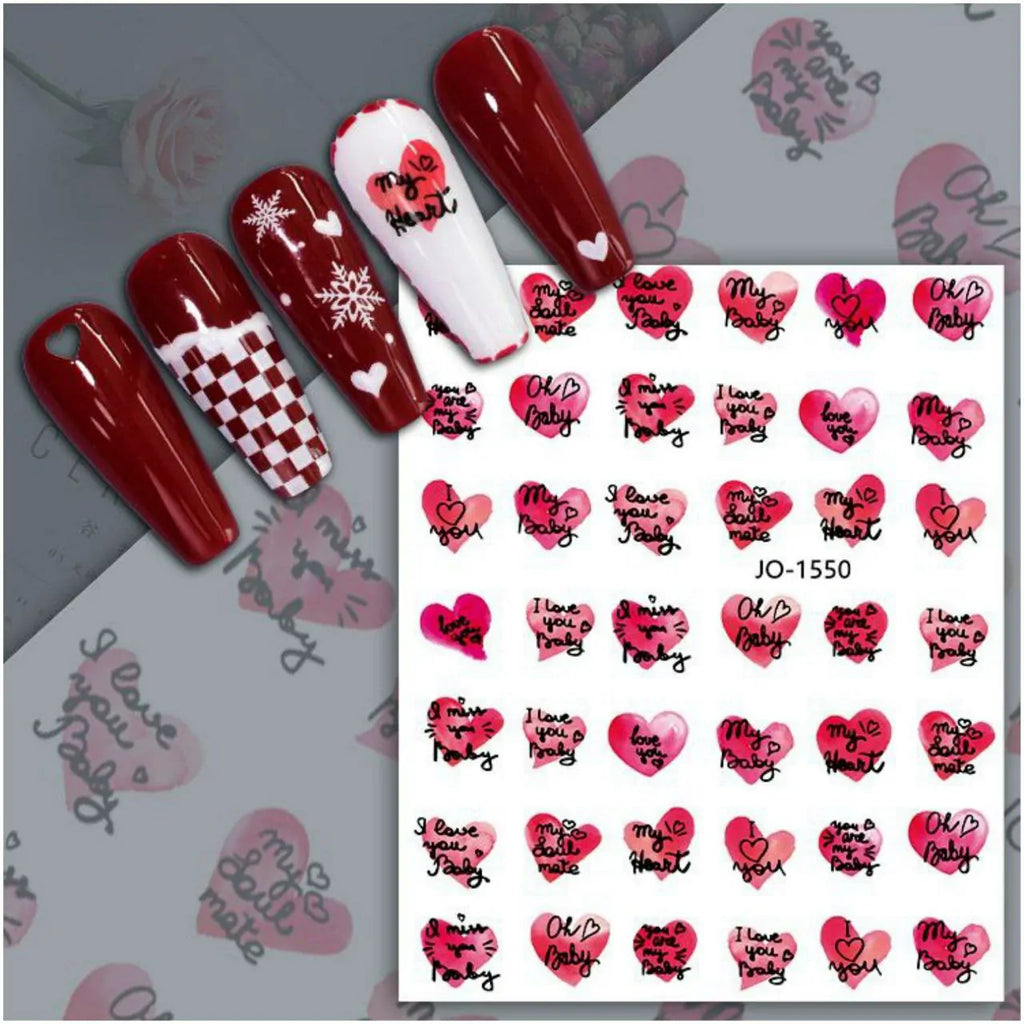 Valentines Special Hearts And Text Nail Art Sticker Sheet (JO-1550)