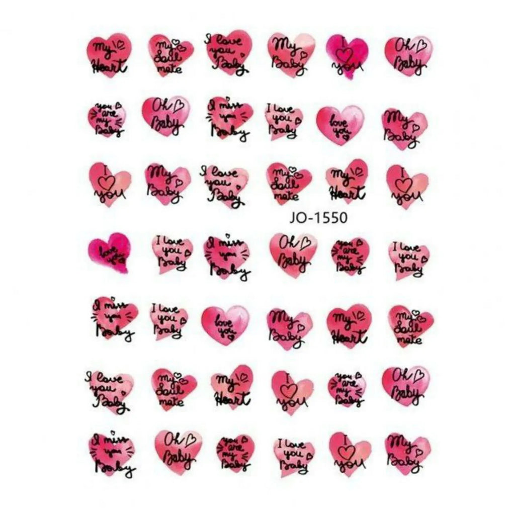 Valentines Special Hearts And Text Nail Art Sticker Sheet (JO-1550)