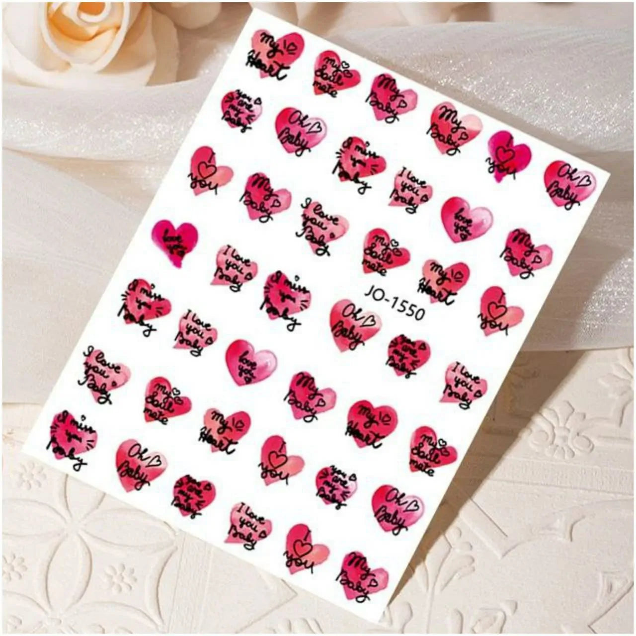 Valentines Special Hearts And Text Nail Art Sticker Sheet (JO-1550)