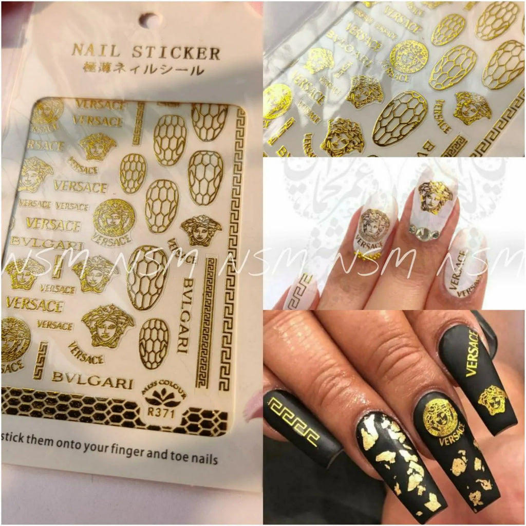 Versace &amp; Bulgari Gold And Silver Brand Nail Art Sticker Sheets