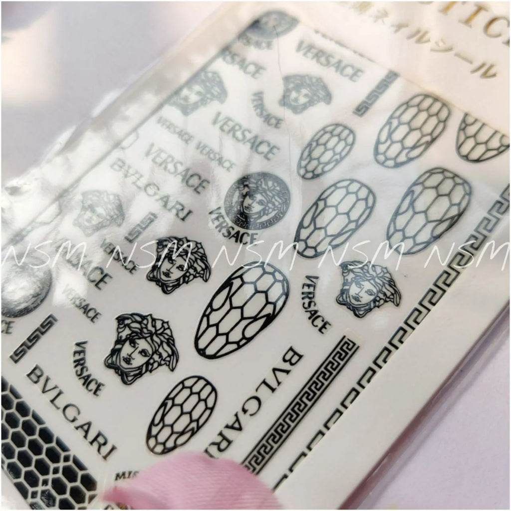 Versace &amp; Bulgari Gold And Silver Brand Nail Art Sticker Sheets