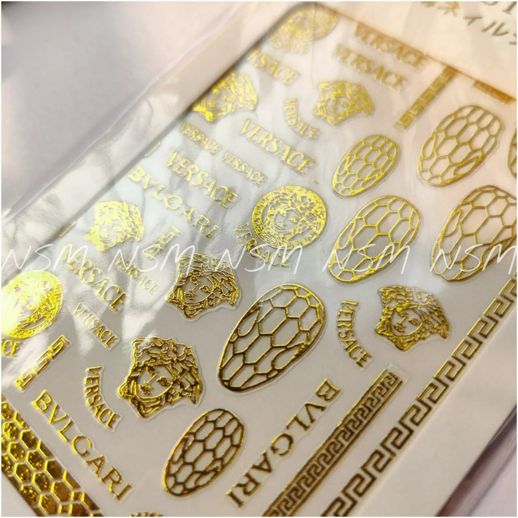 Versace &amp; Bulgari Gold And Silver Brand Nail Art Sticker Sheets