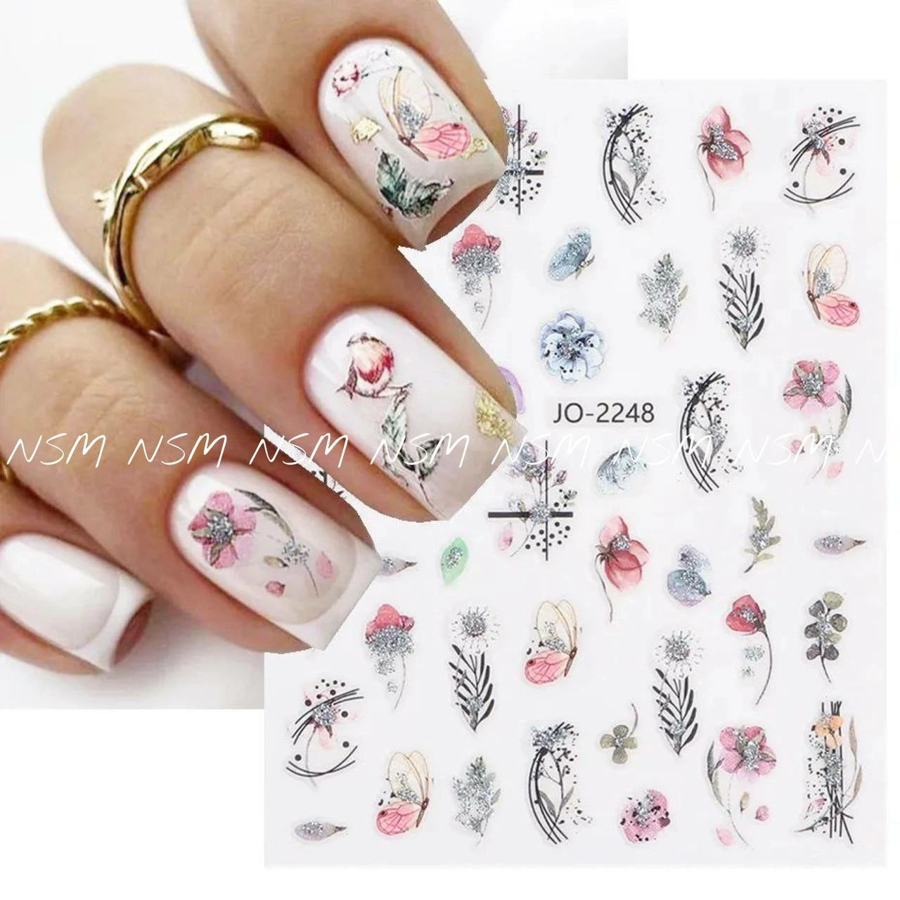 Water Color, Glitter Flowers Nail Sticker Sheets (JO-2248)