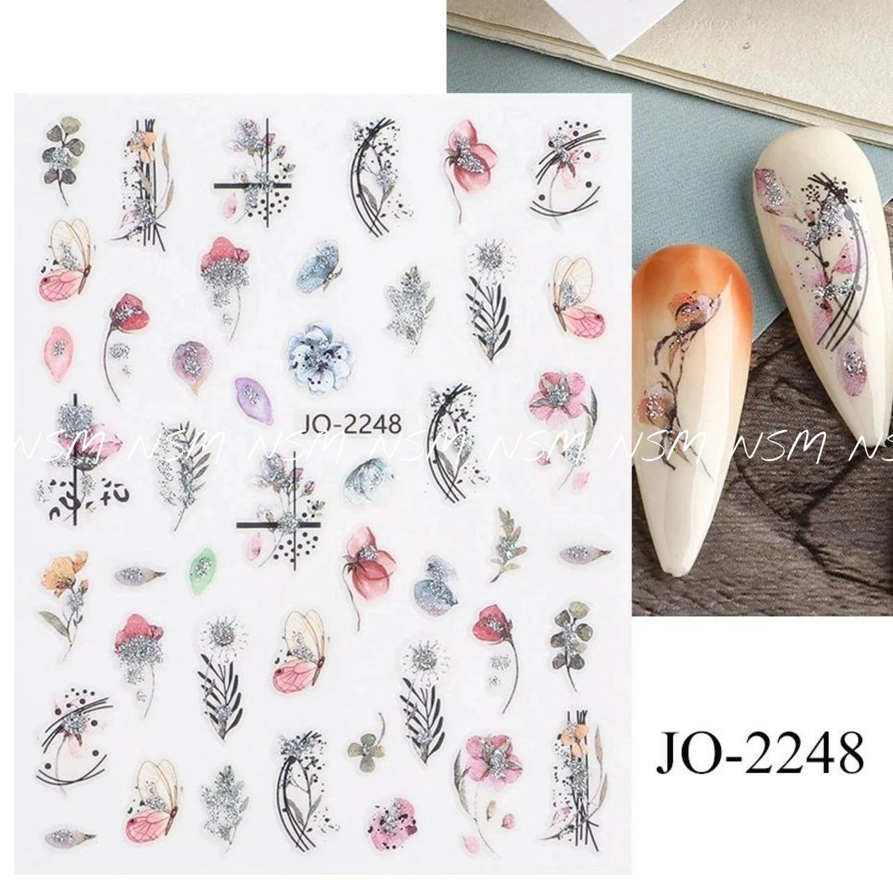 Water Color, Glitter Flowers Nail Sticker Sheets (JO-2248)