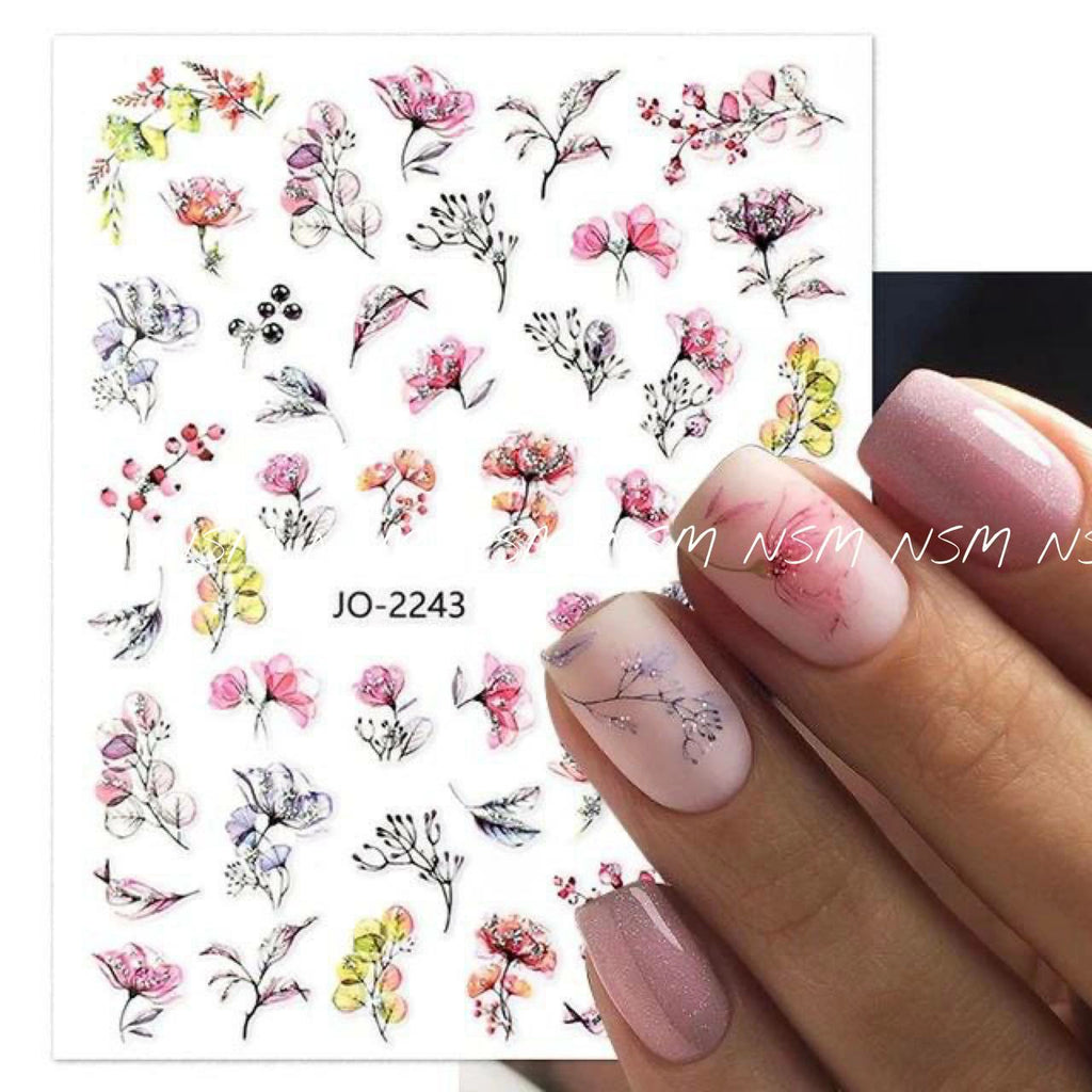 Water Color, Glitter Flowers Nail Sticker Sheet (JO-2243)