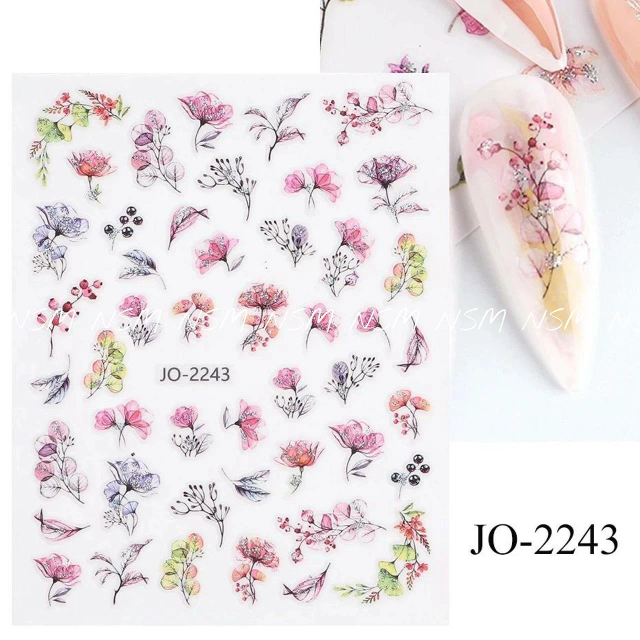 Water Color, Glitter Flowers Nail Sticker Sheet (JO-2243)