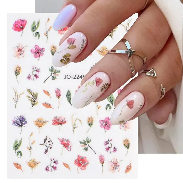 Water Color Glitter Flowers Nail Sticker Sheets (JO-2245)