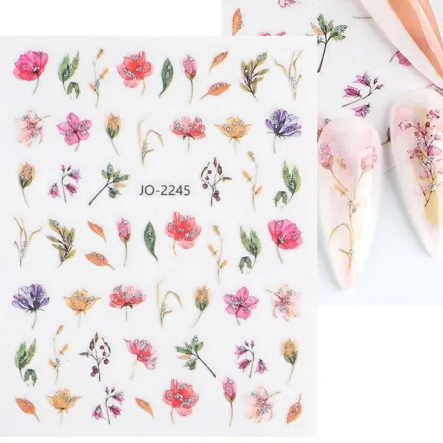 Water Color Glitter Flowers Nail Sticker Sheets (JO-2245)