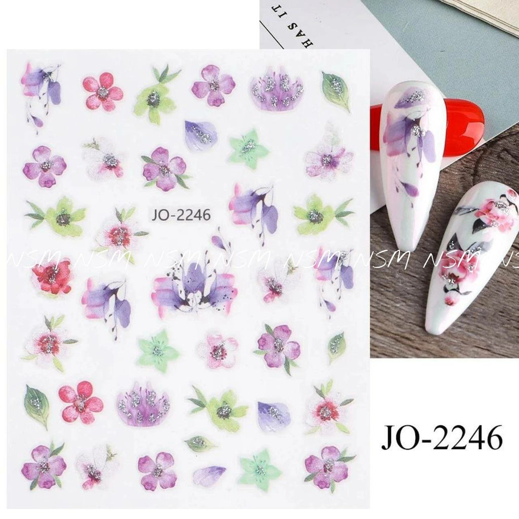 Water Color, Glitter Flowers Nail Sticker Sheets (JO-2246)
