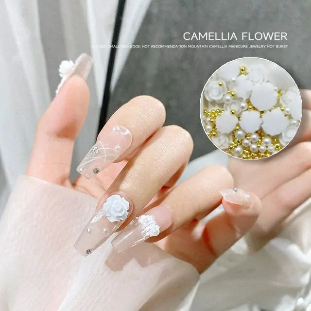 White Camellia Flower Nail Art Charms With Pearls and Gold Caviar Beads