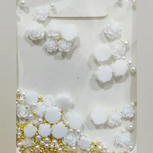 White Camellia Flower Nail Art Charms With Pearls and Gold Caviar Beads