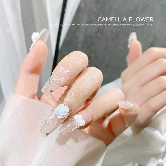 White Camellia Flower Nail Art Charms With Pearls and Gold Caviar Beads