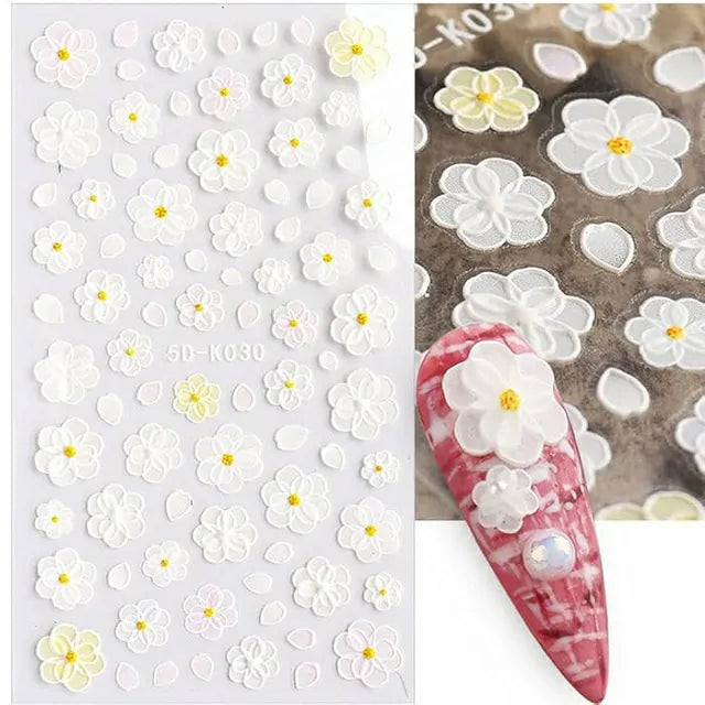 White Floral 5D Nail Stickers Sheet (5D-K030)