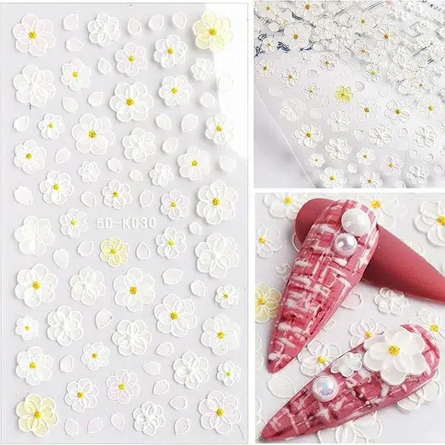 White Floral 5D Nail Stickers Sheet (5D-K030)