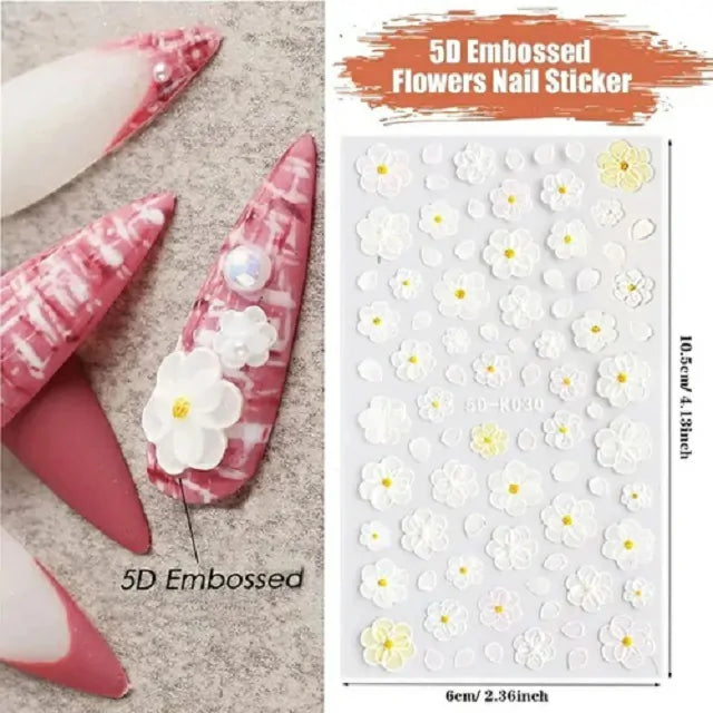 White Floral 5D Nail Stickers Sheet (5D-K030)