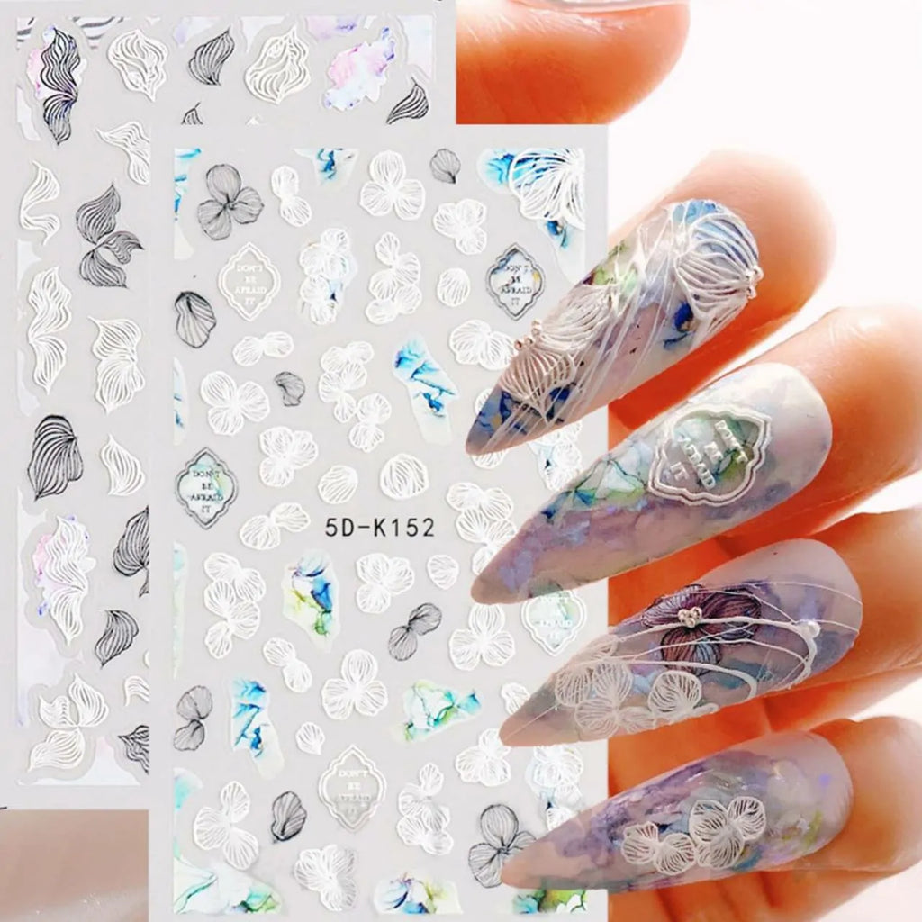 White Flowers And Leaves 5D Nail Art Sticker Sheets (5D-K152)