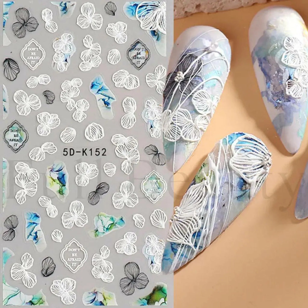 White Flowers And Leaves 5D Nail Art Sticker Sheets (5D-K152)