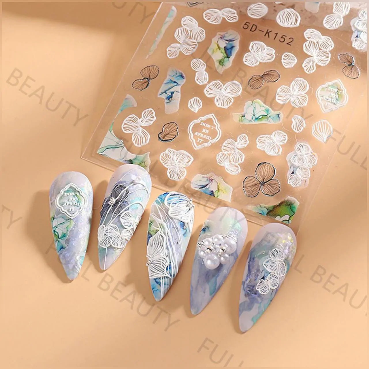 White Flowers And Leaves 5D Nail Art Sticker Sheets (5D-K152)