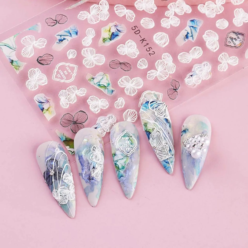White Flowers And Leaves 5D Nail Art Sticker Sheets (5D-K152)
