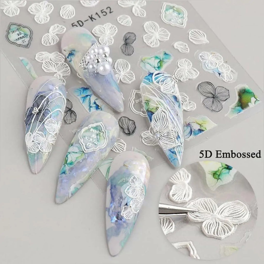 White Flowers And Leaves 5D Nail Art Sticker Sheets (5D-K152)