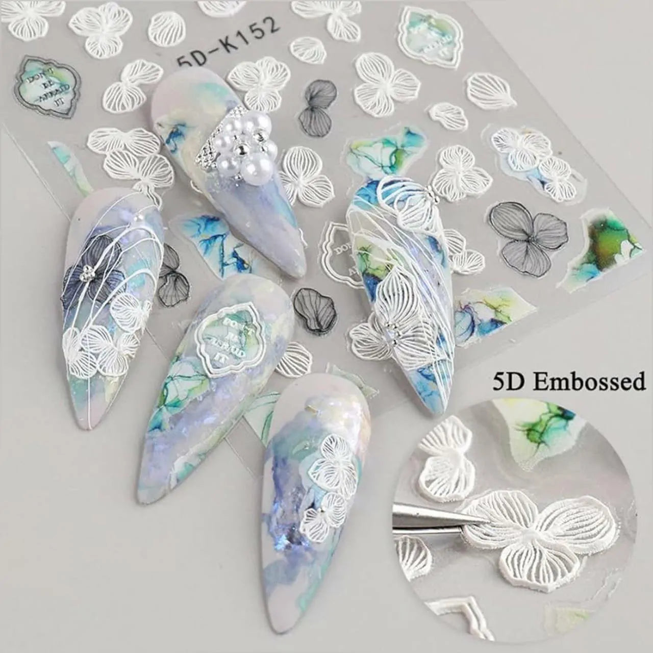 White Flowers And Leaves 5D Nail Art Sticker Sheets (5D-K152)
