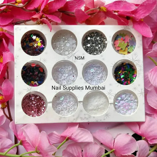 White Mylars, Pink Chunks, Pearl And Multi Colored Nail Art Mylars (Set Of 12)
