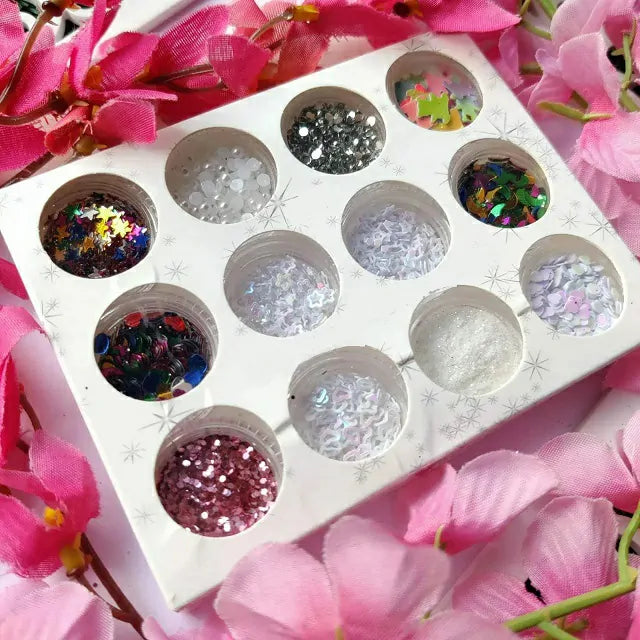 White Mylars, Pink Chunks, Pearl And Multi Colored Nail Art Mylars (Set Of 12)