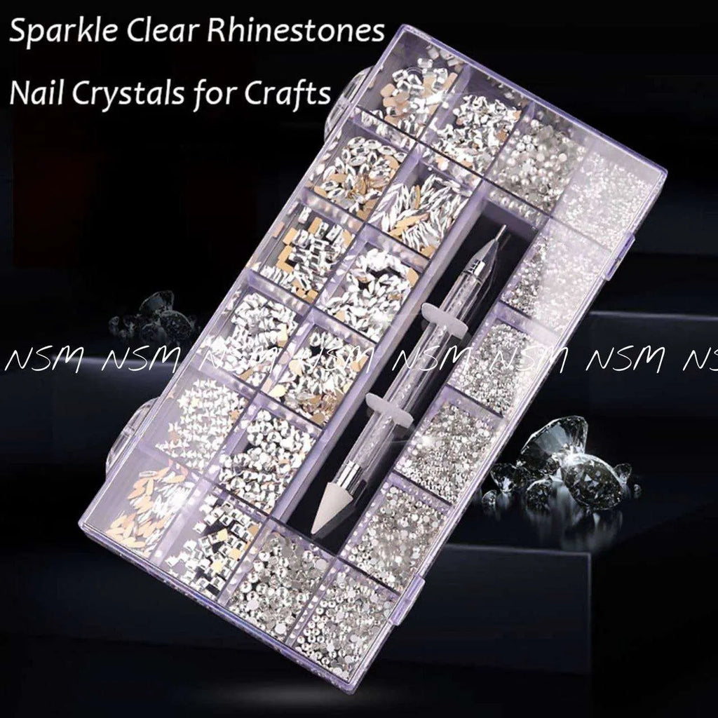 Multiple Sized Silver Rhinestones And Stone Picker Nail Art Set
