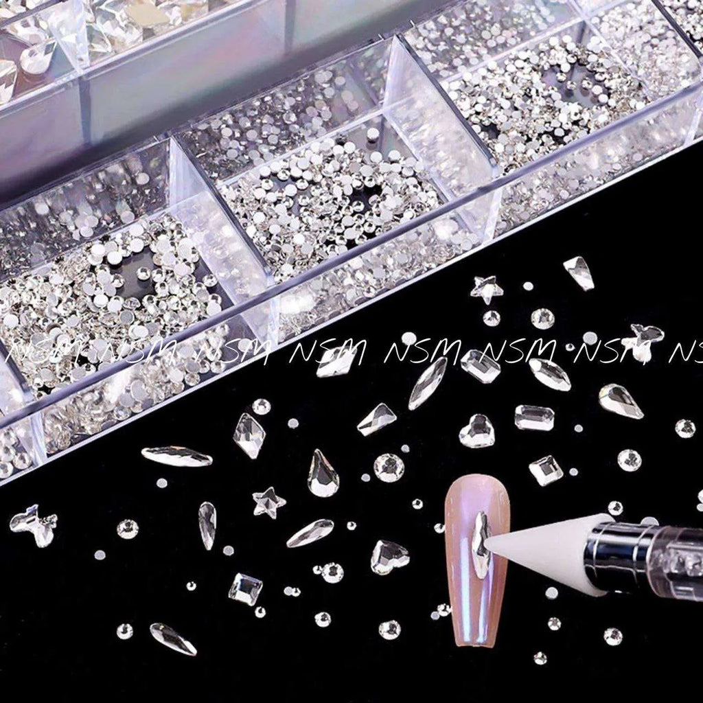 Multiple Sized Silver Rhinestones And Stone Picker Nail Art Set